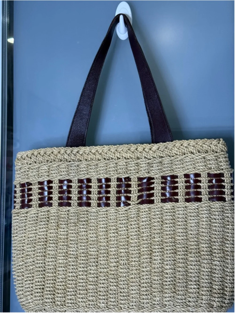 Lois Hill Beige Brown Woven Straw Leather Tote Bag One Size